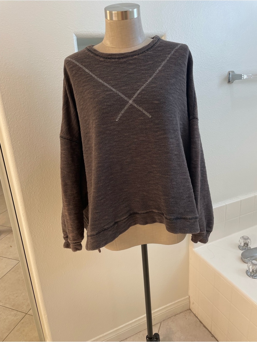 Gray cozy Pullover batwing Sweatshirt Cross Stitch Detail